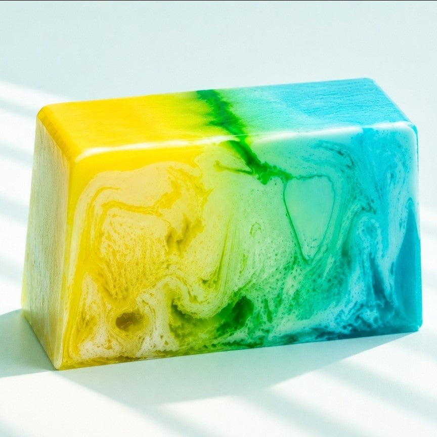 Handgefertigte Naturseife „Sunlight“ in Gelb, Türkis und Weiß mit marmorierter Optik. Frische Pflegeseife mit sommerlichem Design für die tägliche Hautpflege.